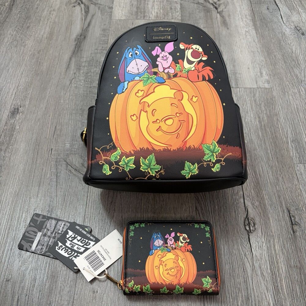 Disney Winnie The Pooh Pumpkin Glow in the dark Backpack & Wallet new loungefly